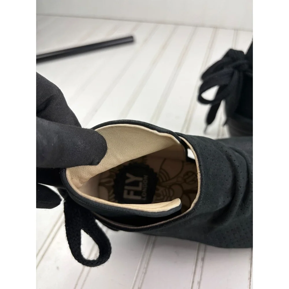 Fly London Yema Black Perforated Lace Up Wedge Sandals Women's Size 40 US 9-9.5